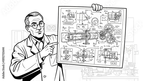 Scientist Explaining Complex Mechanical Blueprint in Vintage Style