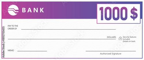 bank check template with purple gradient header and wavy background pattern. Professional financial document for payment, prize, or donation. Modern business layout on white.