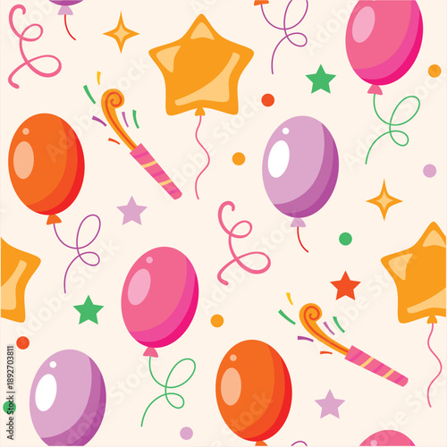 A cheerful and vibrant seamless pattern of balloons, confetti, streamers, and party poppers, perfect for festive celebrations, birthdays, and event decorations