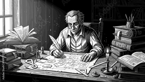 Old Man Writing with Quill Pen at Desk with Books and Candlelight