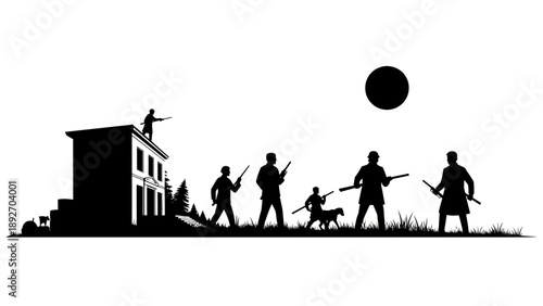 Silhouette Soldiers And Dog Against Dark Sun