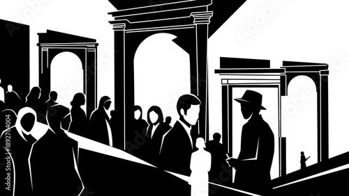 Monochromatic Cityscape with Silhouettes of People and Arches