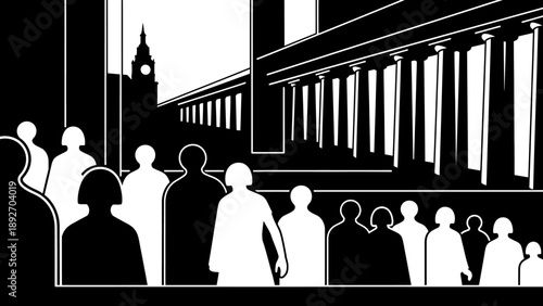 Silhouettes of people in front of classical architecture