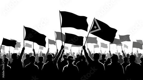 Protest Crowd Silhouette with Flags