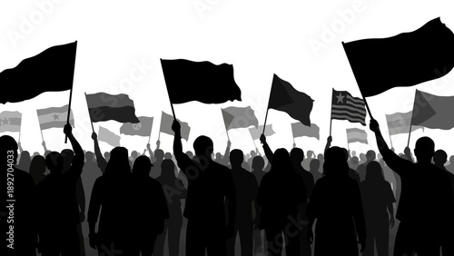 Crowd protest silhouette with flags against white background