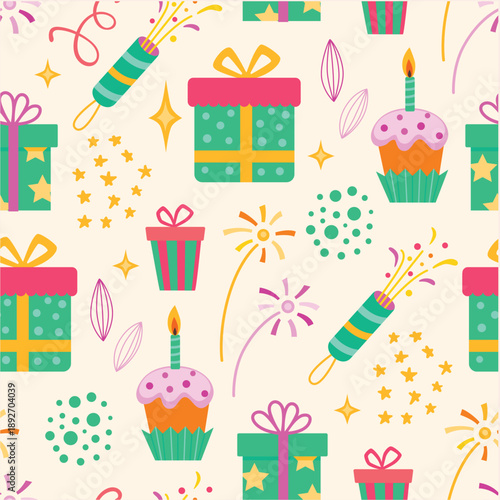 Seamless pattern with festive elements like gift boxes, cupcakes, confetti, and fireworks, perfect for birthday celebrations