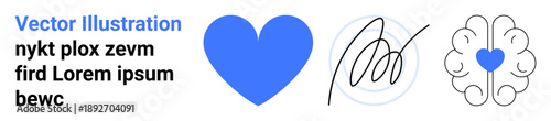 Love, emotional connection, creativity, mental health, identity, self-expression. Blue heart, signature design brain with heart detail. Love and emotional connection in abstract symbols