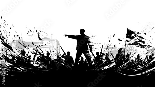 Silhouette crowd raising flags and weapons, pointing forward
