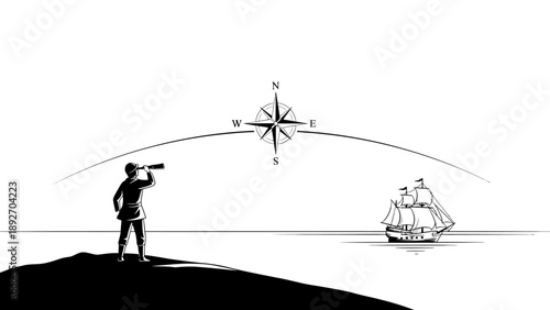 Explorer with spyglass on shore, sailing ship, compass, sea, horizon