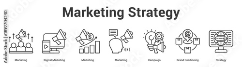 Marketing Strategy web banner icon set vector illustration concept for business with icon of Marketing, Digital Marketing, Marketing, Marketing, Campaign, Br.