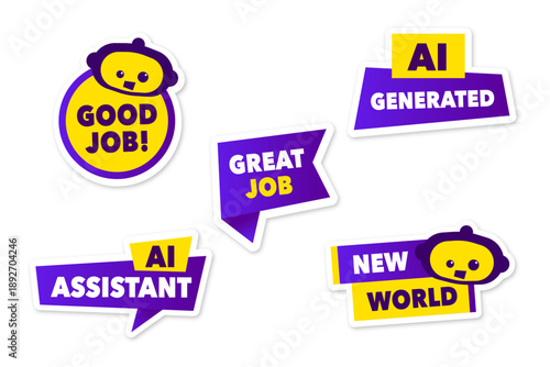 A set of colored stickers with a robot on the theme of AI generation design without background
