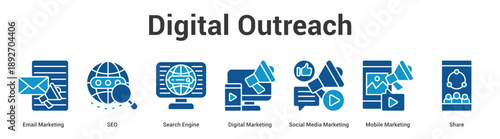 Digital Outreach web banner icon set vector illustration concept for business with icon of Email Marketing, SEO, Search Engine, Digital Marketing, Social Media Marketing, Mob.