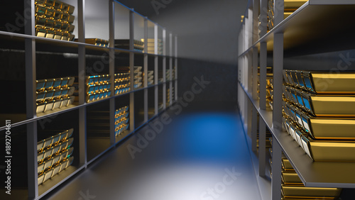 Generic gold reserve vault with stacks of gold bars. Bank vault with gold and cash. 3d rendering