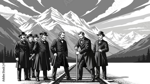 Historic Meeting: Leaders on Railroad Tracks in Mountains