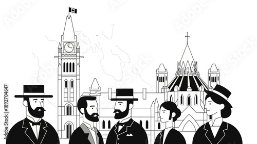 Vintage Canadian Parliament Building and People Illustration