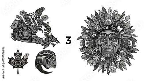 Indigenous Canadian Art: Map, Maple Leaf, and Warrior Face