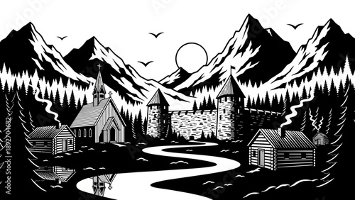 Medieval Village Landscape with Castle and Mountains