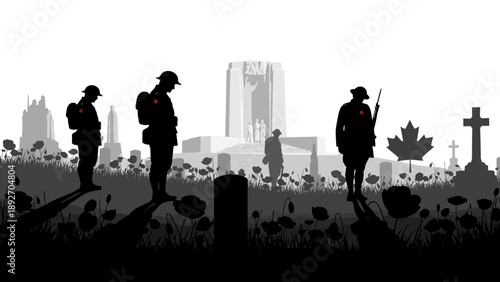 Canadian Soldiers Memorial Silhouette with Poppies and Maple Leaf
