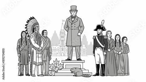 Historical Figures Monument with Indigenous People and Beaver