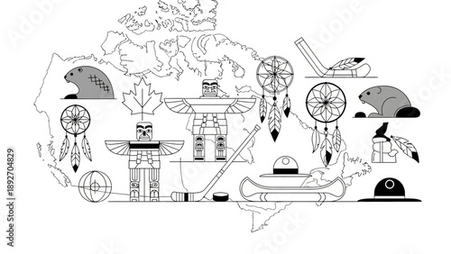 Canada Symbols Collage: Beaver, Maple Leaf, Totem Pole, Dreamcatcher