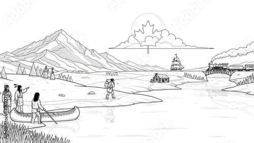 Native Americans canoeing, explorer, and historical transport in landscape