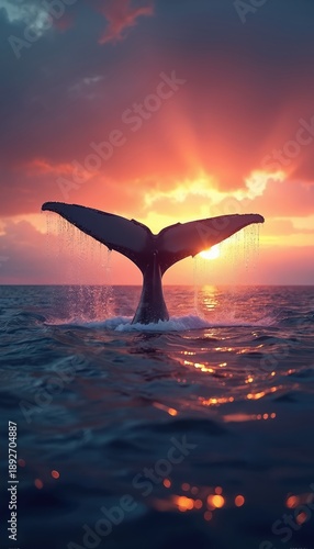 Whale tail emerges from ocean waves at sunset. Golden sun reflects on water surface. Majestic marine mammal dives into deep blue sea. Natural beauty scene.