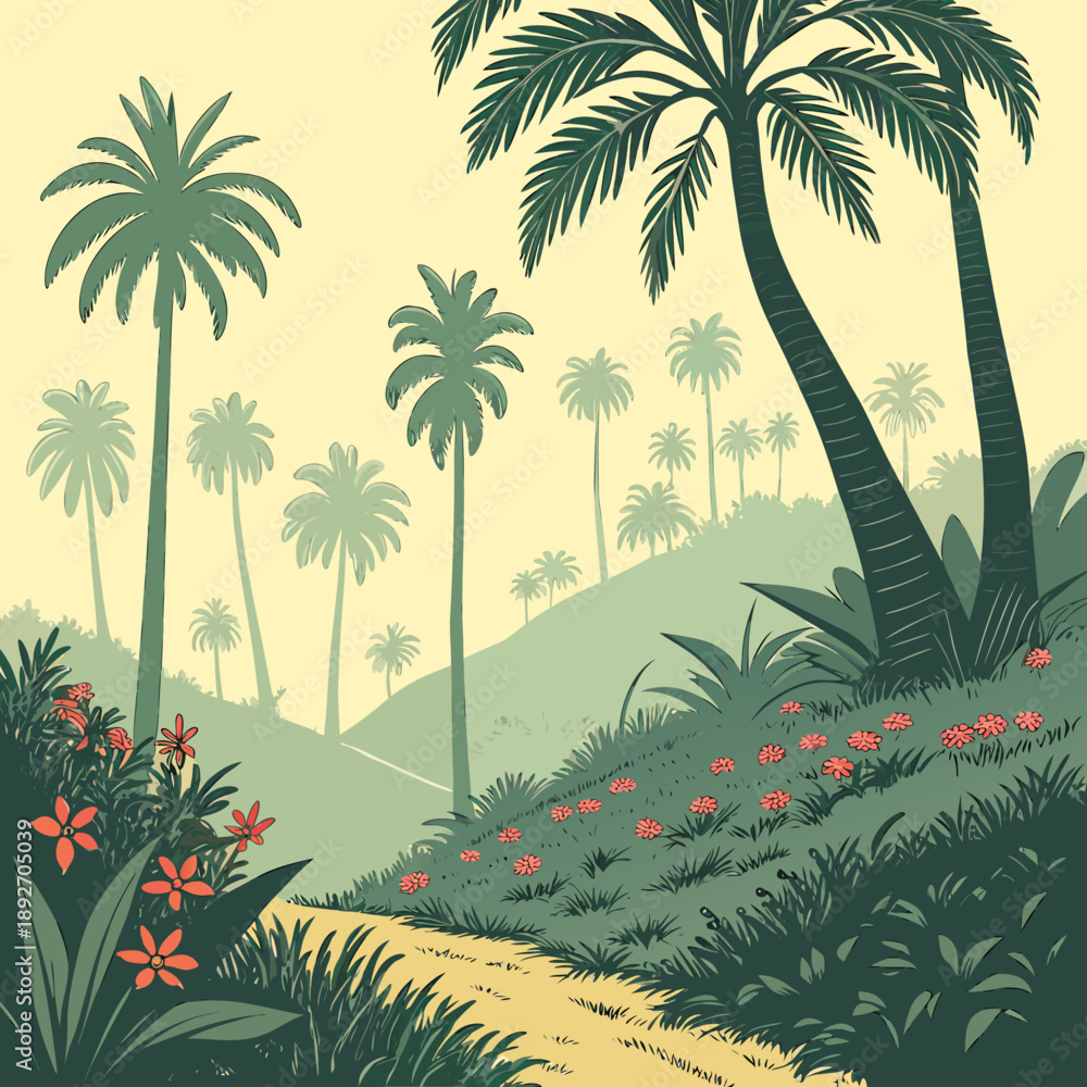 Naklejka premium Tropical Garden Landscape with Palm Trees and Lush Foliage