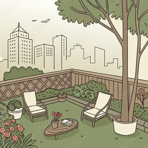 Urban Rooftop Garden Landscape with Seating Area