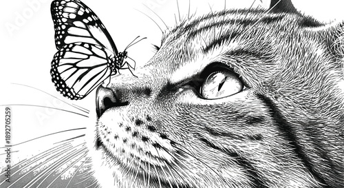 Cat gazes intently at a butterfly perched on its nose in a detailed illustration