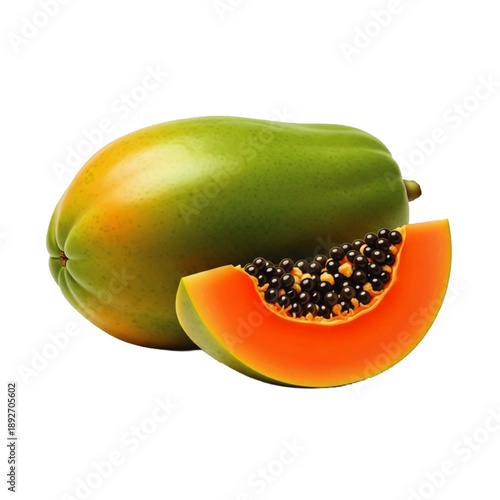 High-quality image of a fresh ripe papaya cut in half, revealing bright orange flesh and black seeds and health projects.