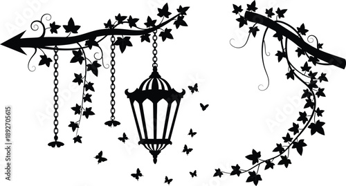 Elegant black lantern surrounded by flowers and butterflies with decorative branches on white