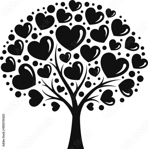 Stylized black tree with heart-shaped leaves on a clean white background illustration