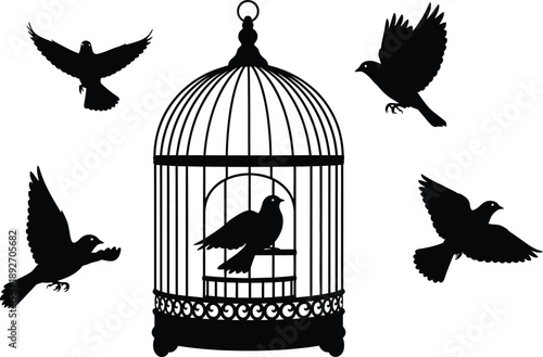 Silhouette of birds in flight around a birdcage with one bird inside