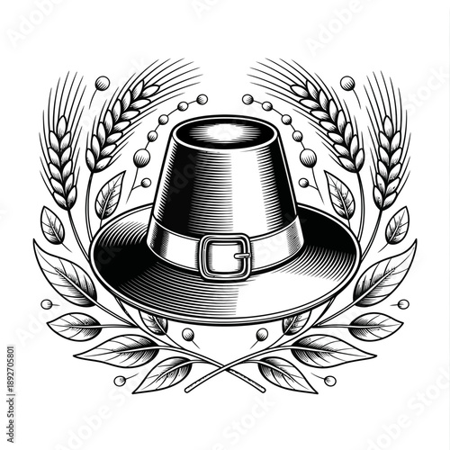 Black and white illustration of pilgrim hat with wheat and leaves on white background