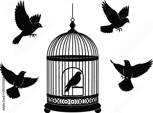 Silhouette of birds flying freely around a caged bird in a decorative birdcage