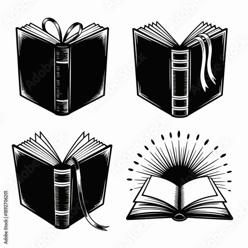 Four black and white illustrations of open books with ribbons and bookmarks  educational icons