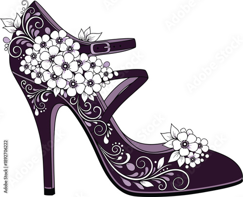 Elegant purple high-heeled shoe adorned with floral designs and intricate patterns