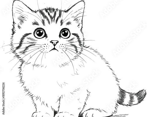 Adorable kitten with large eyes and tabby markings in a detailed black and white sketch