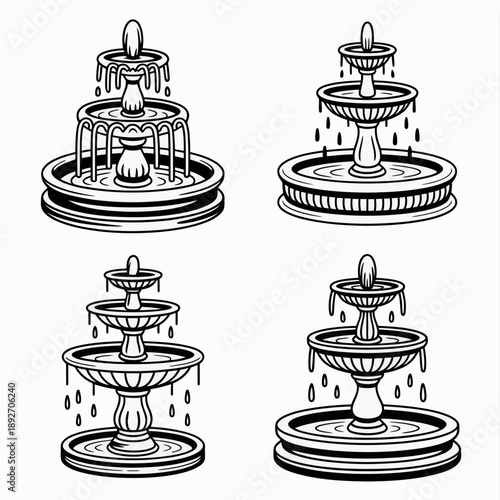 Four different designs of outdoor water fountains in black and white illustrations