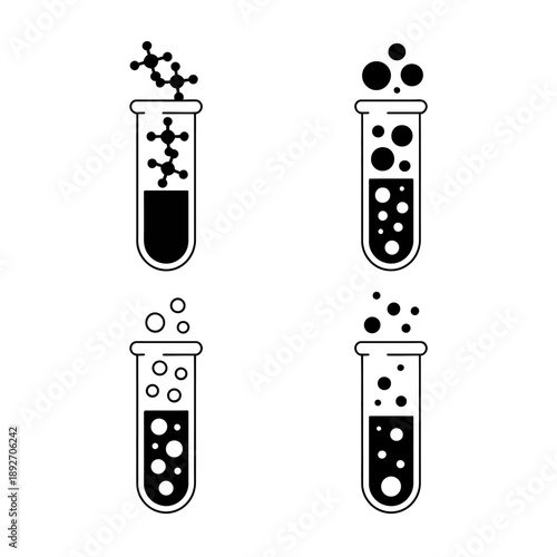 Four test tubes with bubbles and molecules on white background  science laboratory equipment