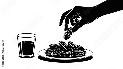 Hand holding cookie over plate with glass of drink on table