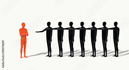 A single orange figure standing confidently beside a line of black silhouettes