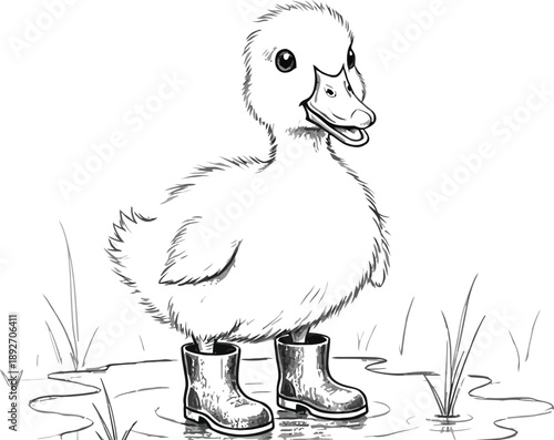 Adorable duckling wearing rain boots stands in a puddle of water with happiness