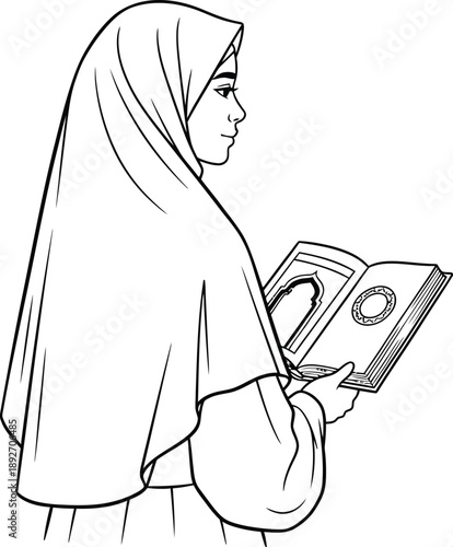 Muslim woman reading a book with devotion and contemplation in a serene atmosphere