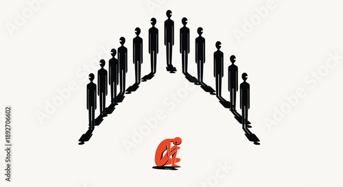 Vászonkép People silhouettes standing in two lines facing inward with one person sitting a
