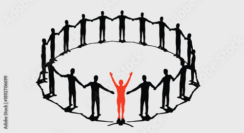 Diverse group of people holding hands in a circle with one person standing out