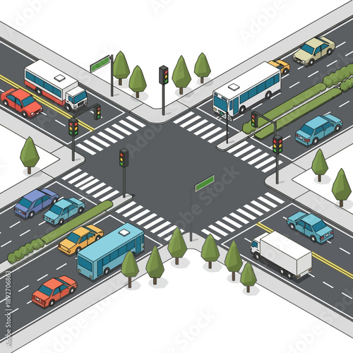 Isometric City Intersection with Traffic, Cars, Buses, and Trees