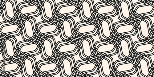 Vector seamless pattern with unusual star net and quirky linear mesh. Classic texture with flowing outline waves, curved line lattice design. Repeated black and white background for textile, print