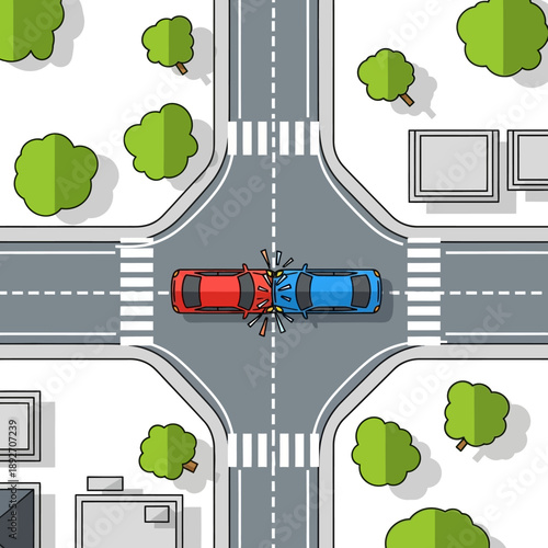Top view of car crash at intersection. Red and blue cars collide on road.