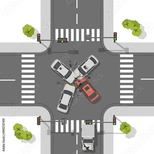 Aerial View of a Multi-Car Collision at a City Intersection